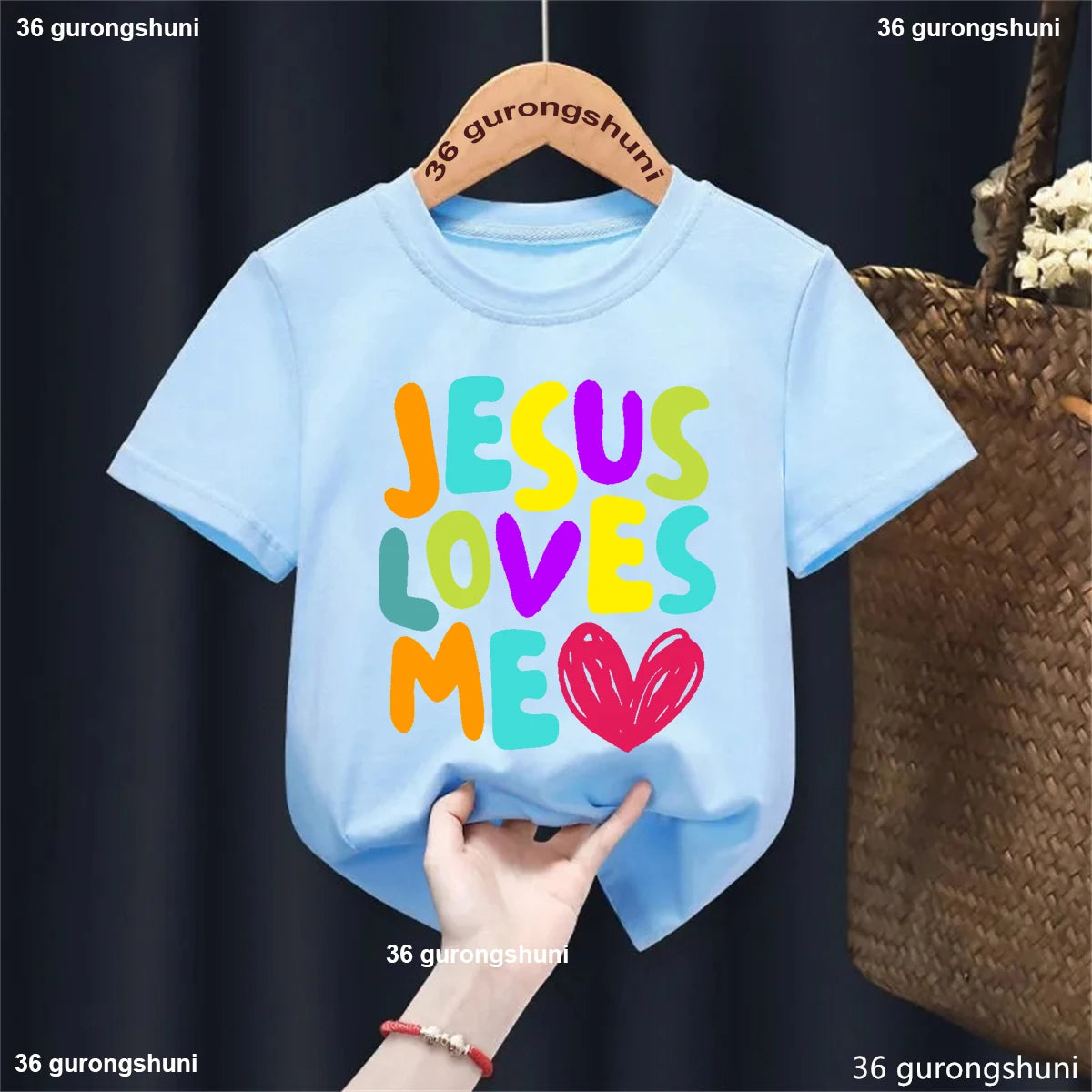 Kawaii Kids Clothes Colorful Jesus Loves Me Heart Printed Tshirt Boys/Girls Toddler Solid T-Shirt Summer Short Sleeve T Shirt