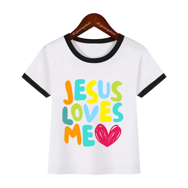 Kawaii Kids Clothes Colorful Jesus Loves Me Heart Printed Tshirt Boys/Girls Toddler Solid T-Shirt Summer Short Sleeve T Shirt