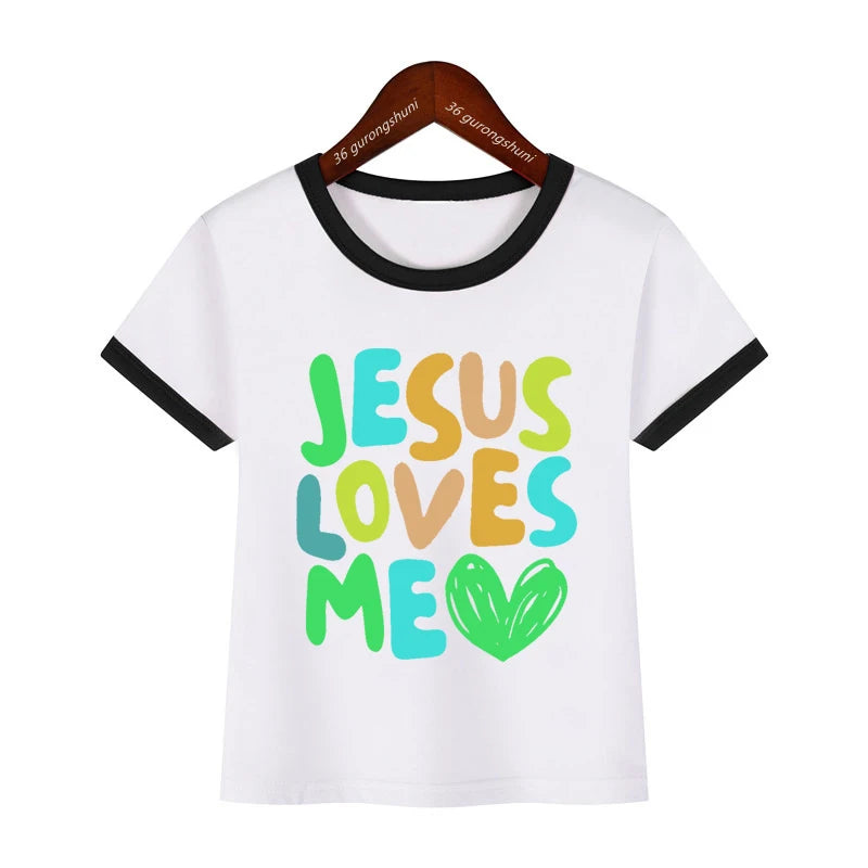 Kawaii Kids Clothes Colorful Jesus Loves Me Heart Printed Tshirt Boys/Girls Toddler Solid T-Shirt Summer Short Sleeve T Shirt