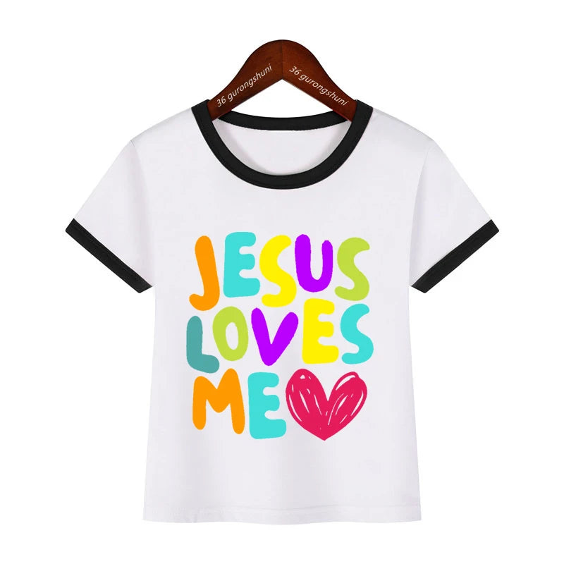 Kawaii Kids Clothes Colorful Jesus Loves Me Heart Printed Tshirt Boys/Girls Toddler Solid T-Shirt Summer Short Sleeve T Shirt
