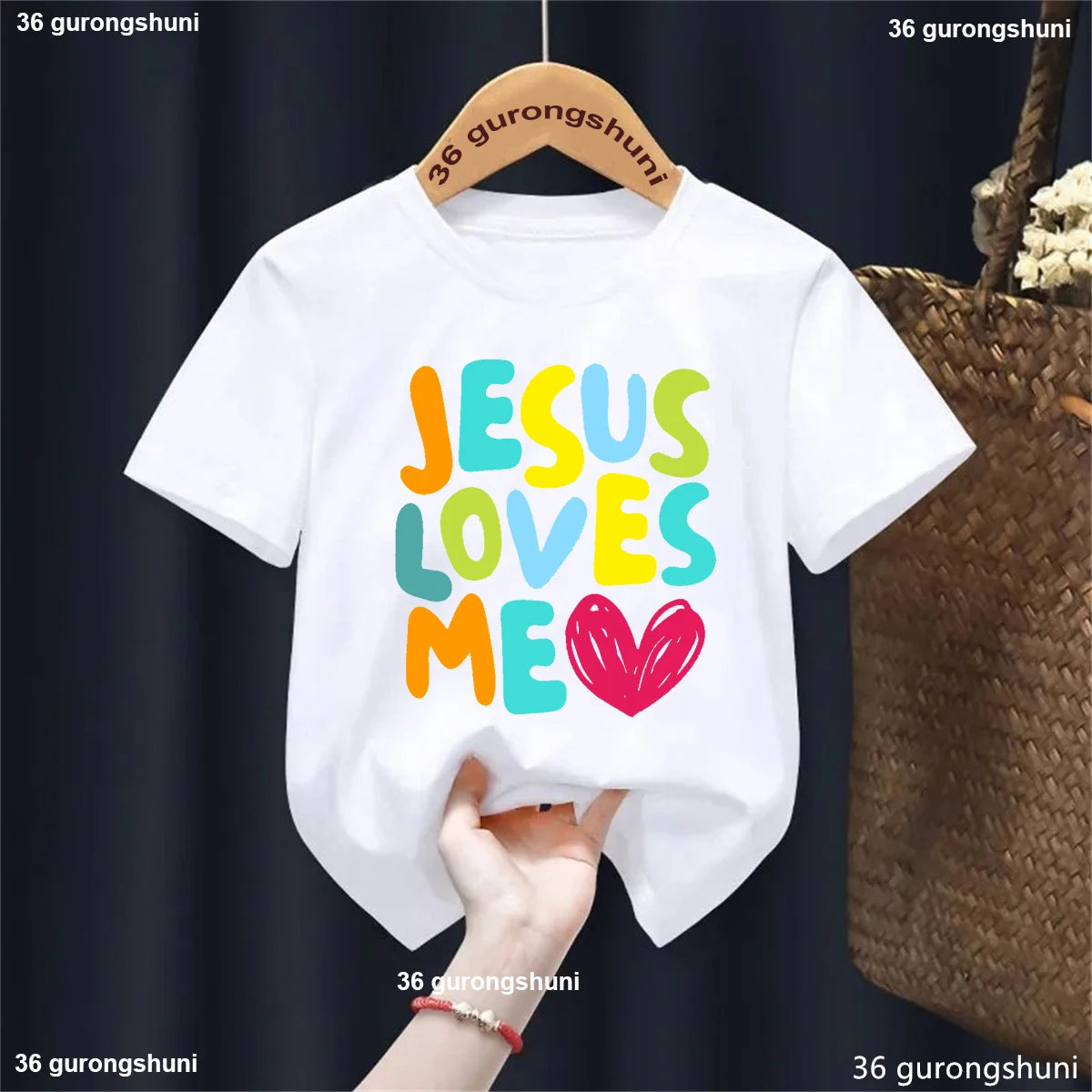 Kawaii Kids Clothes Colorful Jesus Loves Me Heart Printed Tshirt Boys/Girls Toddler Solid T-Shirt Summer Short Sleeve T Shirt
