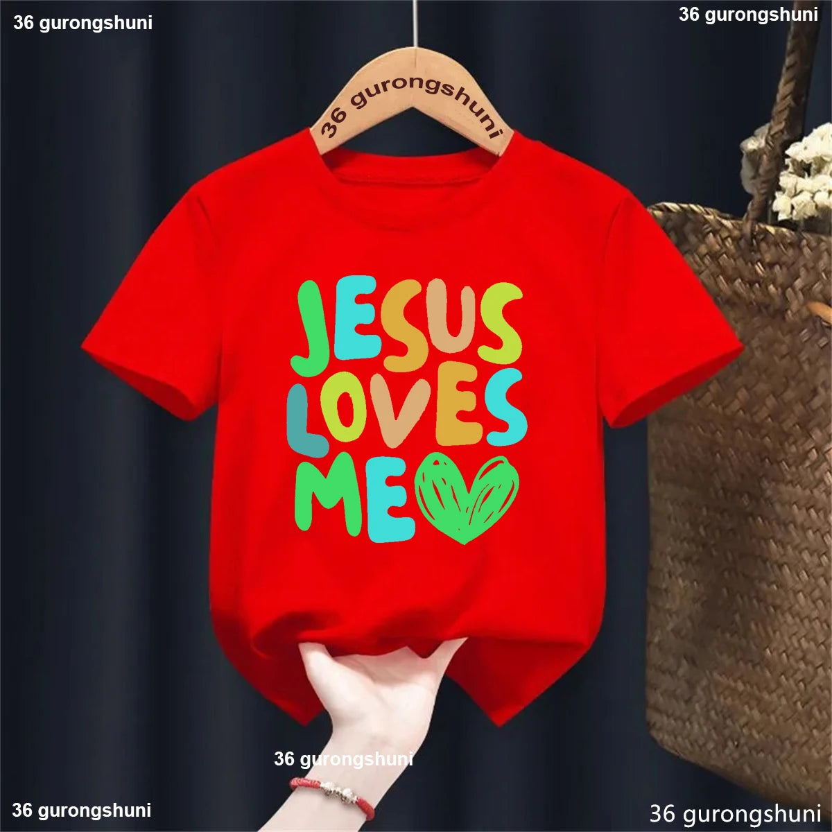 Kawaii Kids Clothes Colorful Jesus Loves Me Heart Printed Tshirt Boys/Girls Toddler Solid T-Shirt Summer Short Sleeve T Shirt