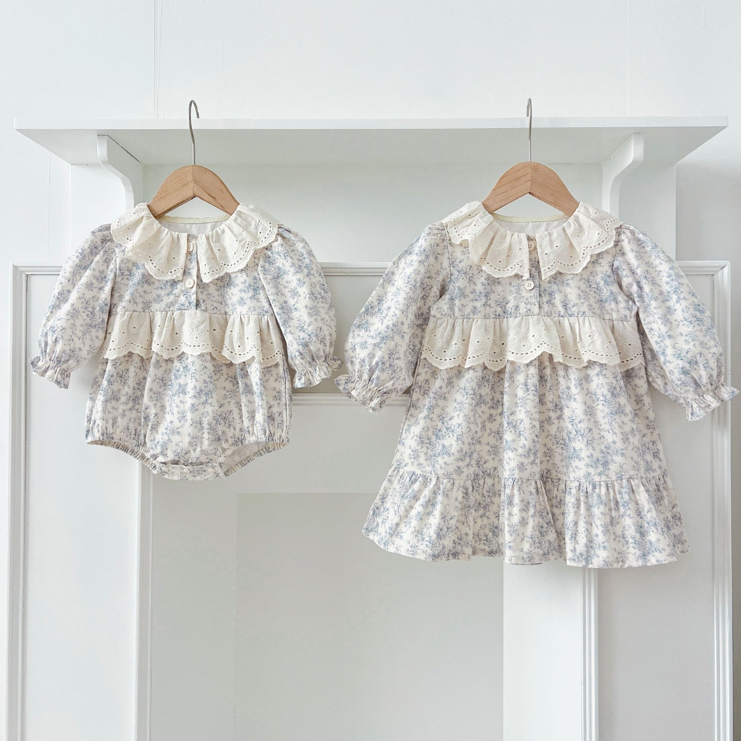 Spring Baby Girls French-style Floral Long-sleeved Onesies and Dress – Princess Sister Matching Set-3