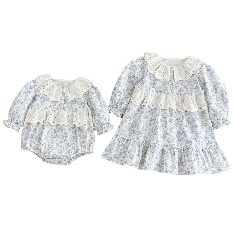 Spring Baby Girls French-style Floral Long-sleeved Onesies and Dress – Princess Sister Matching Set-4