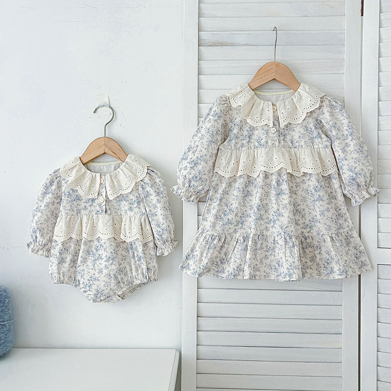 Spring Baby Girls French-style Floral Long-sleeved Onesies and Dress – Princess Sister Matching Set-0