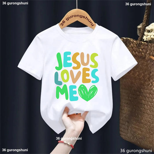 Kawaii Kids Clothes Colorful Jesus Loves Me Heart Printed Tshirt Boys/Girls Toddler Solid T-Shirt Summer Short Sleeve T Shirt