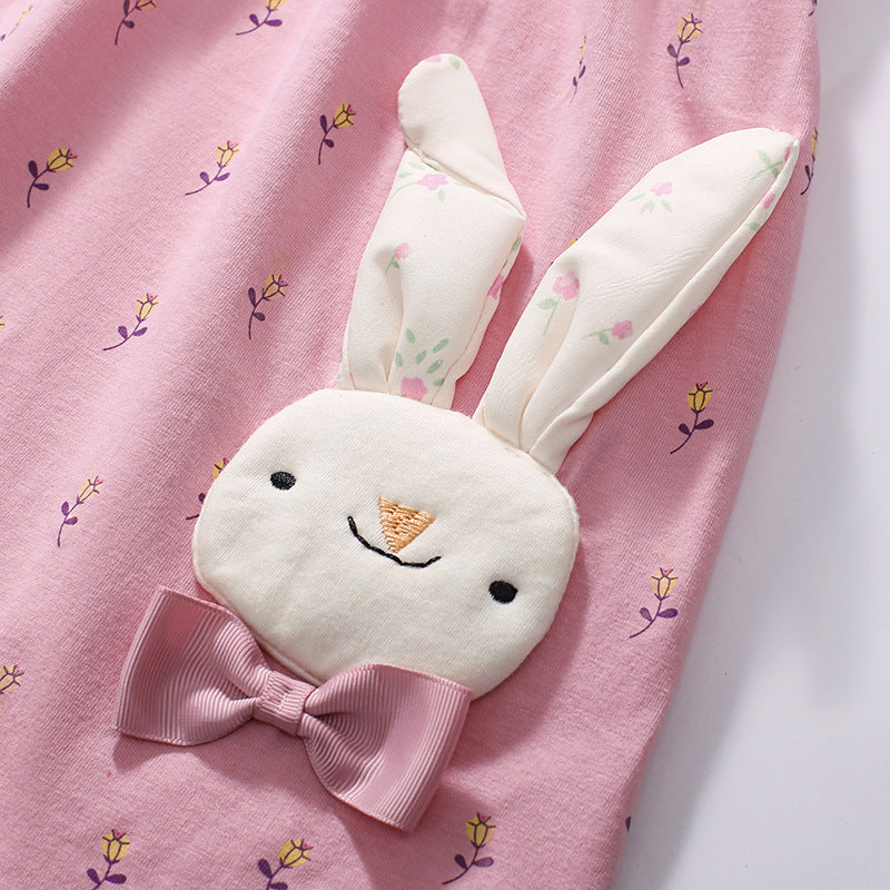 Summer New Arrival Animals Cartoon Pattern Short Sleeves Floral Dress for Stylish Girls-2