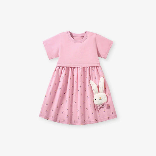 Summer New Arrival Animals Cartoon Pattern Short Sleeves Floral Dress for Stylish Girls-0